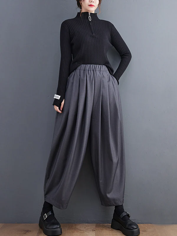 Casual Wide Leg Loose Pleated Solid Color Pants - Image 15