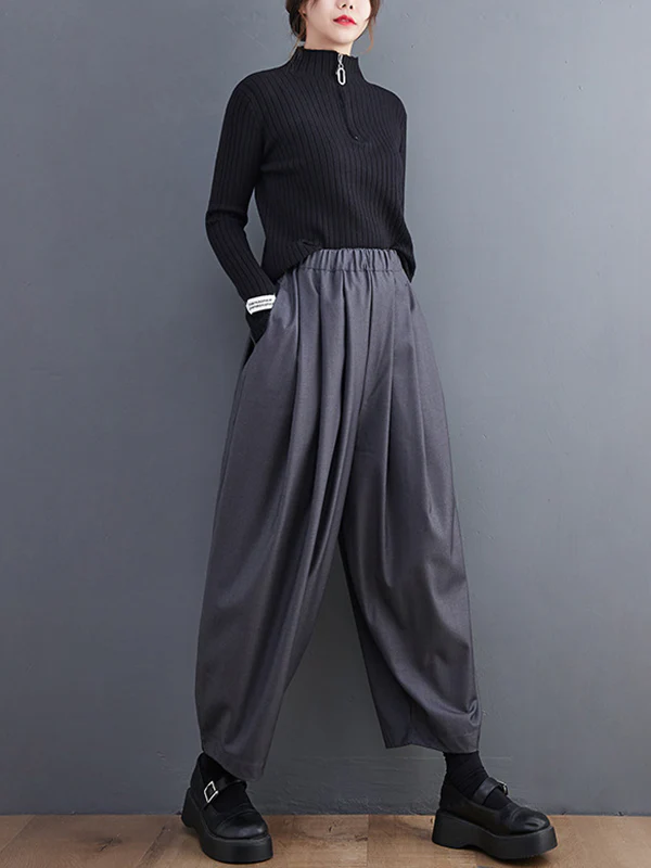 Casual Wide Leg Loose Pleated Solid Color Pants - Image 16