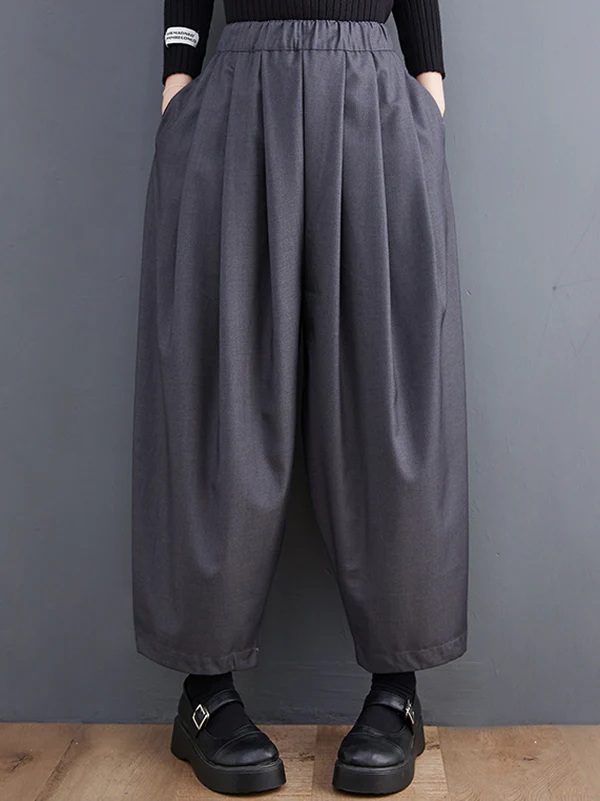 Casual Wide Leg Loose Pleated Solid Color Pants - Image 2