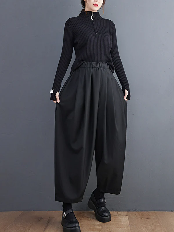 Casual Wide Leg Loose Pleated Solid Color Pants - Image 6