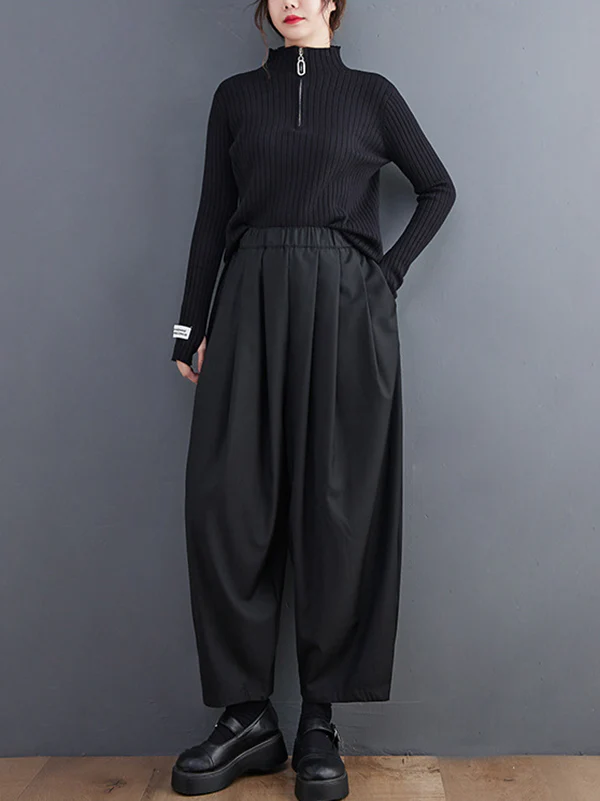 Casual Wide Leg Loose Pleated Solid Color Pants - Image 7