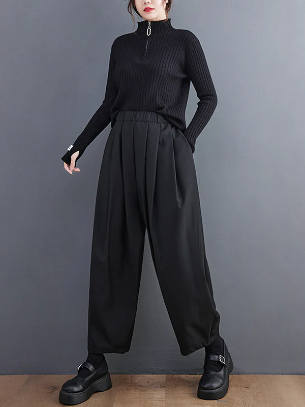 Casual Wide Leg Loose Pleated Solid Color Pants - Image 8