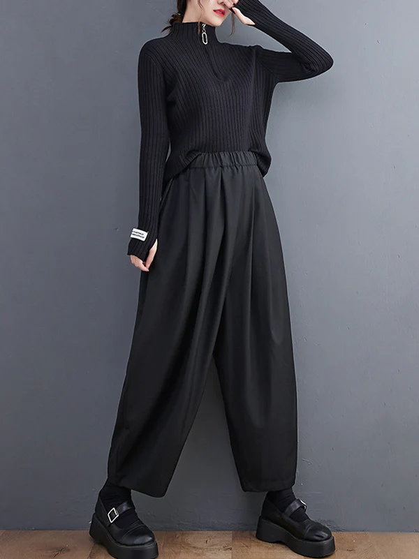 Casual Wide Leg Loose Pleated Solid Color Pants - Image 9