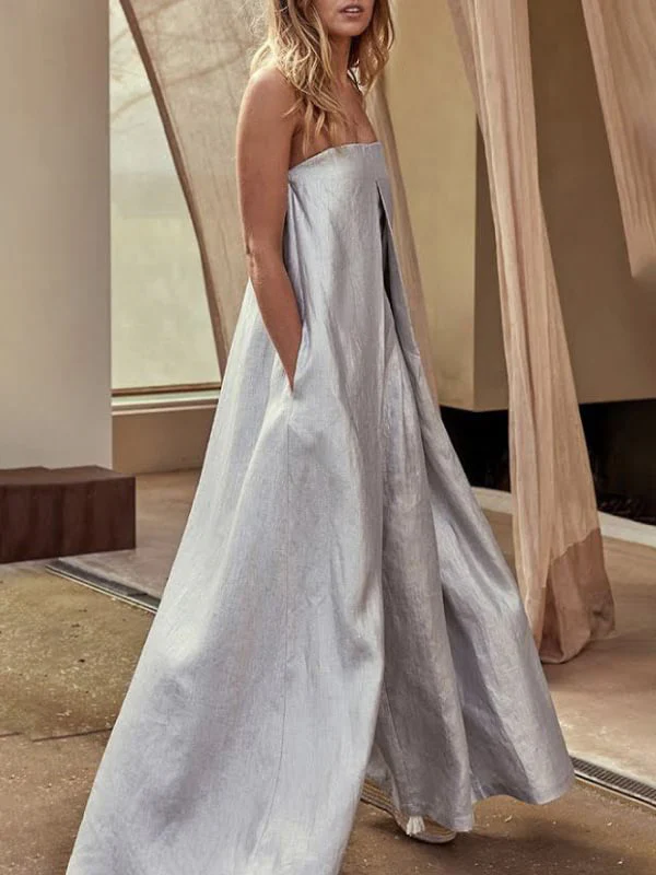 Casual Wide Leg Strapless Solid Color Tube Jumpsuits - Image 2