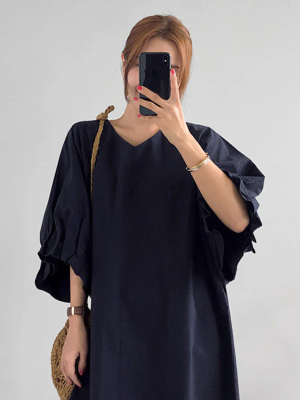 Causal Plus Size Pleated Raglan Sleeve V-Neck Midi Dress - Image 11