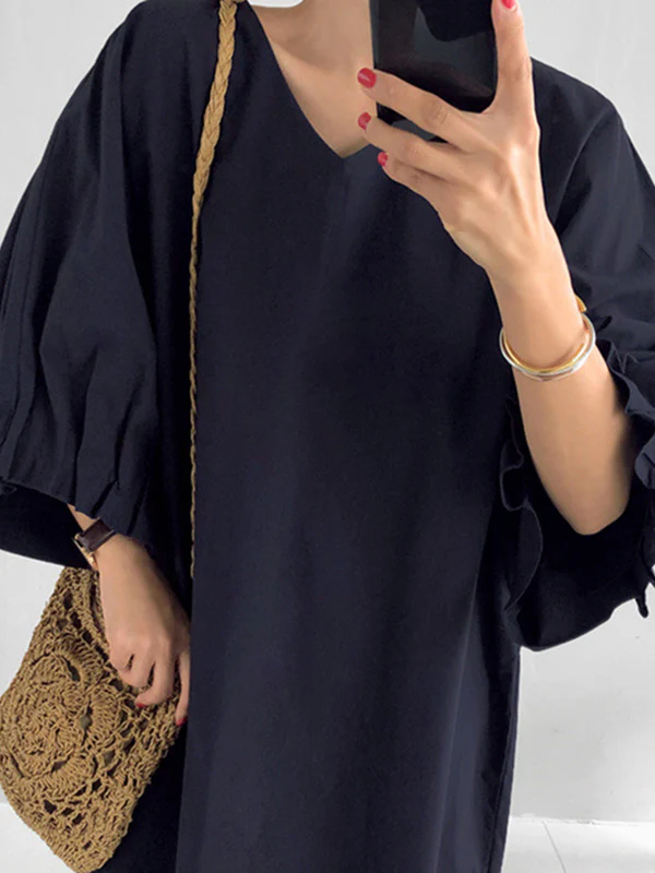 Causal Plus Size Pleated Raglan Sleeve V-Neck Midi Dress - Image 12
