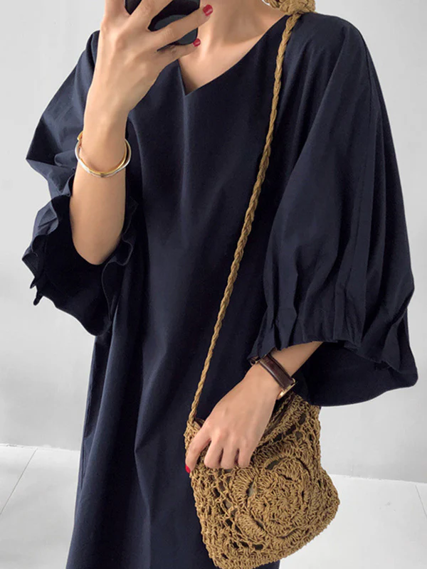 Causal Plus Size Pleated Raglan Sleeve V-Neck Midi Dress - Image 13