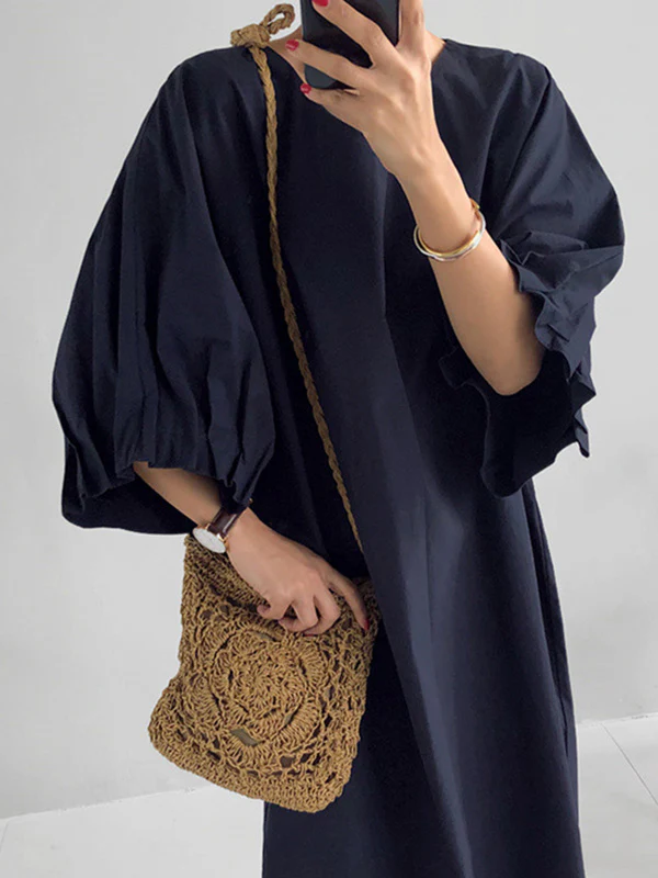 Causal Plus Size Pleated Raglan Sleeve V-Neck Midi Dress - Image 14
