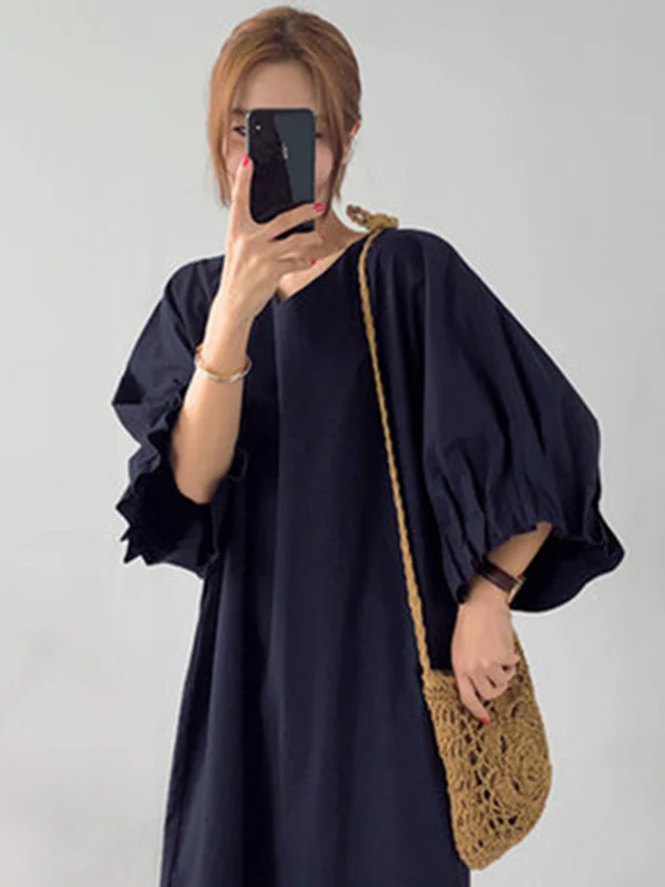 Causal Plus Size Pleated Raglan Sleeve V-Neck Midi Dress - Image 2