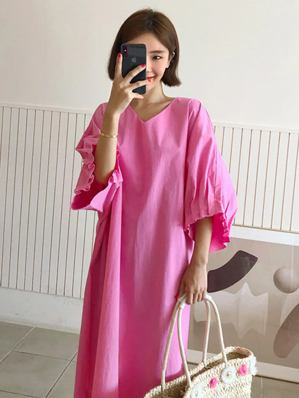 Causal Plus Size Pleated Raglan Sleeve V-Neck Midi Dress - Image 4