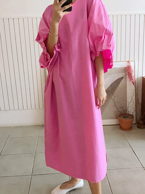Causal Plus Size Pleated Raglan Sleeve V-Neck Midi Dress - Image 6