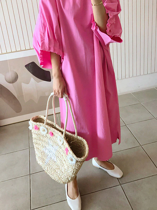 Causal Plus Size Pleated Raglan Sleeve V-Neck Midi Dress - Image 7