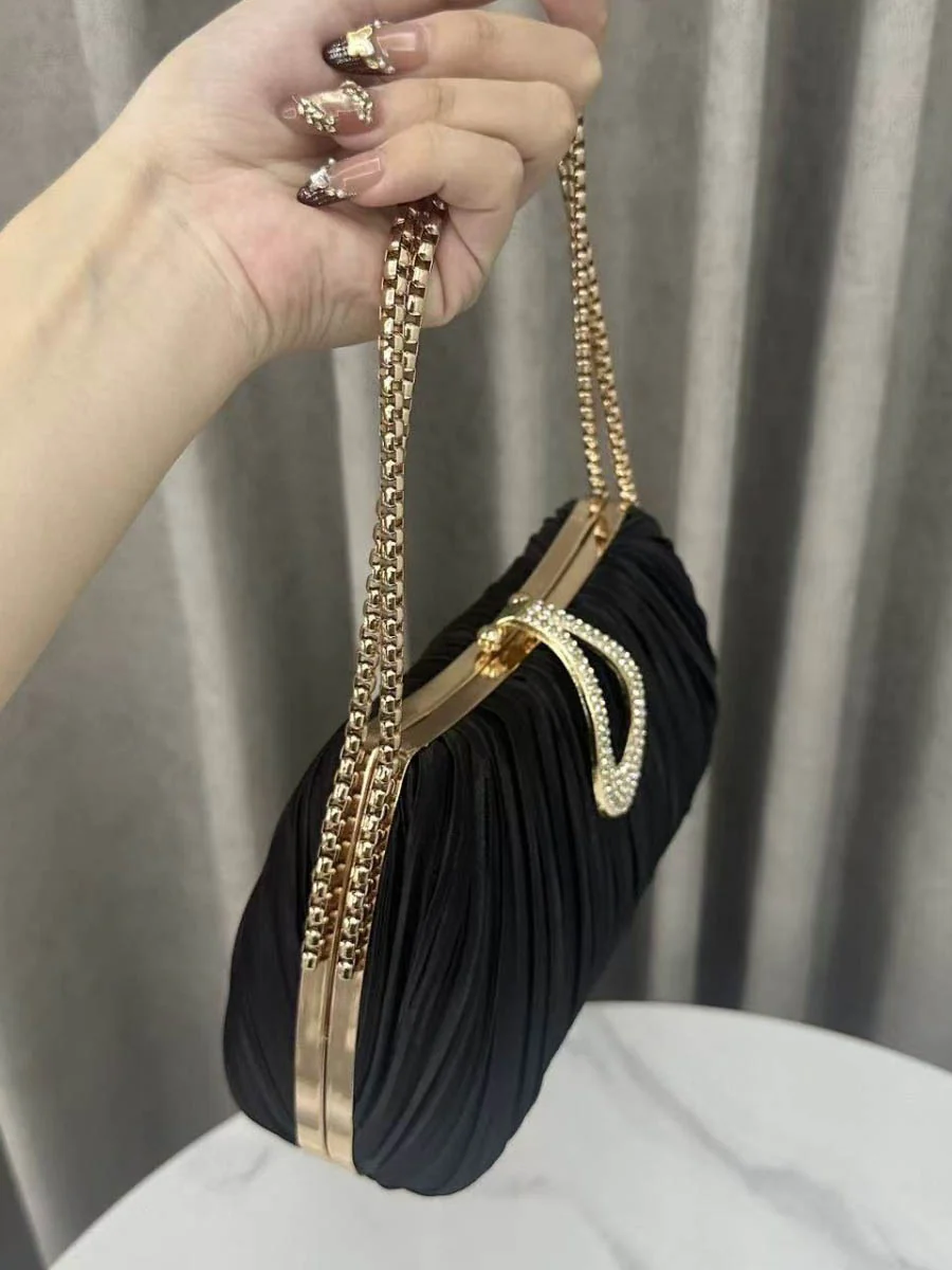 Chains Lock Pleated Rhine Stones Shiny Crossbody Bags Evening Bags & Clutches - Image 2