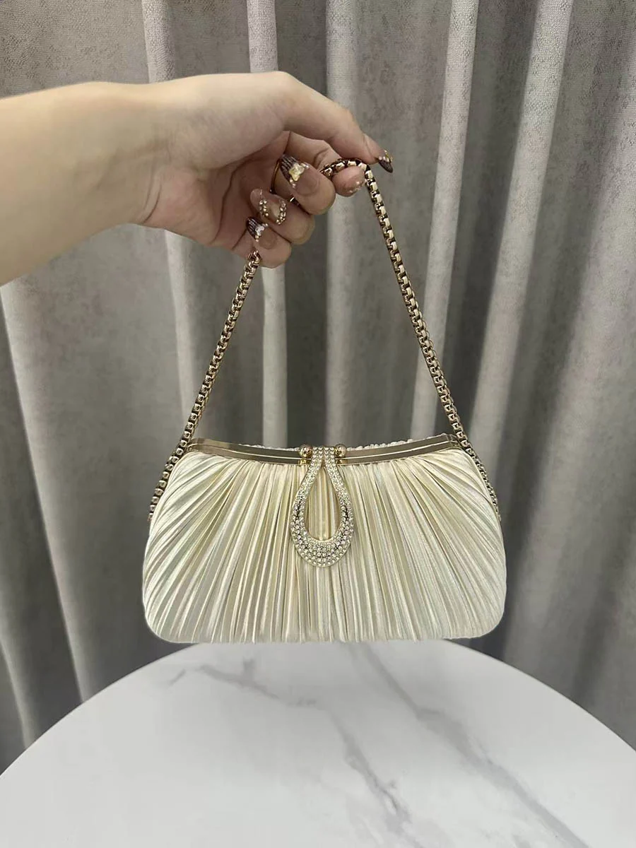 Chains Lock Pleated Rhine Stones Shiny Crossbody Bags Evening Bags & Clutches - Image 3