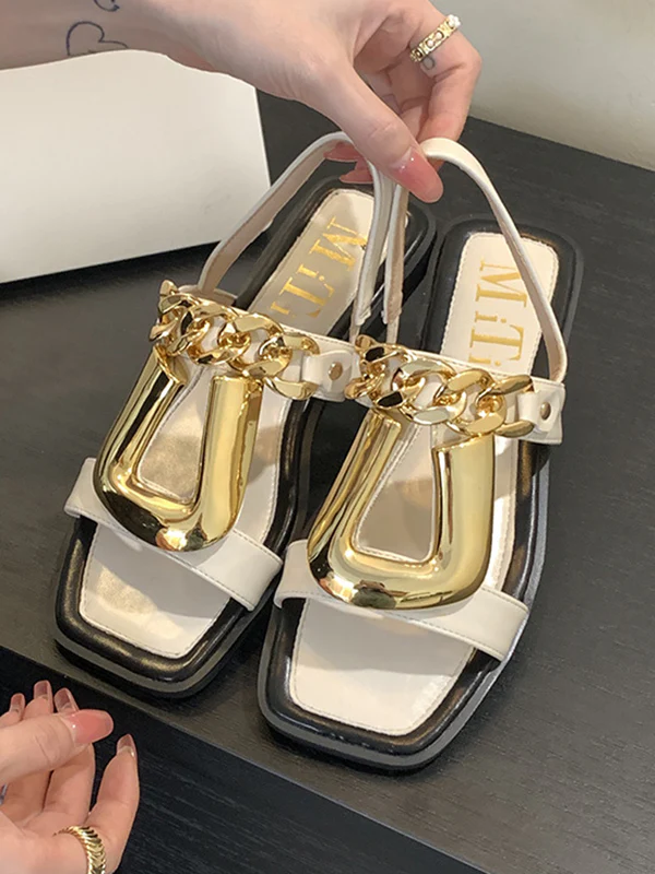 Chains Open Toe Split-Joint Square-Toe Sandals - Image 10