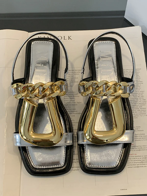 Chains Open Toe Split-Joint Square-Toe Sandals - Image 11