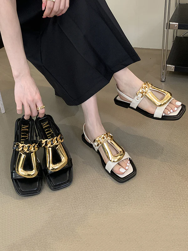Chains Open Toe Split-Joint Square-Toe Sandals - Image 6