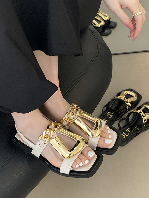Chains Open Toe Split-Joint Square-Toe Sandals - Image 7