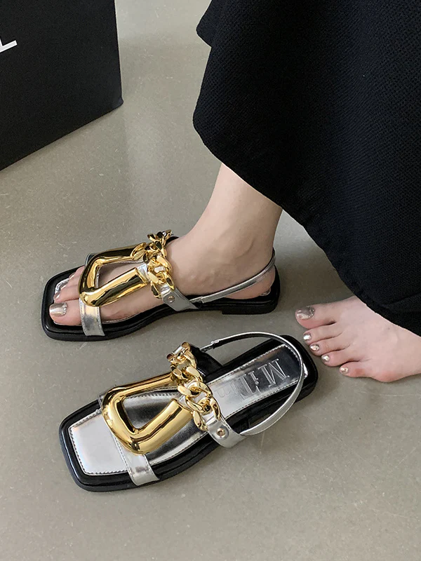 Chains Open Toe Split-Joint Square-Toe Sandals - Image 8