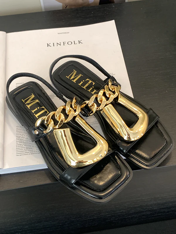 Chains Open Toe Split-Joint Square-Toe Sandals - Image 9
