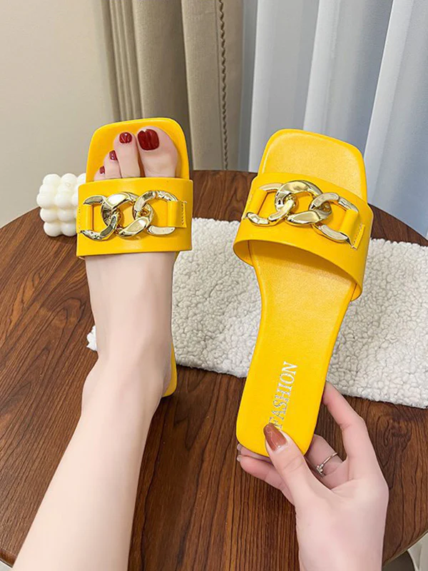 Chains Open Toe Split-Joint Square-Toe Slippers - Image 11