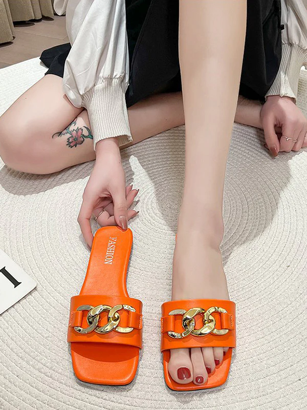 Chains Open Toe Split-Joint Square-Toe Slippers - Image 13