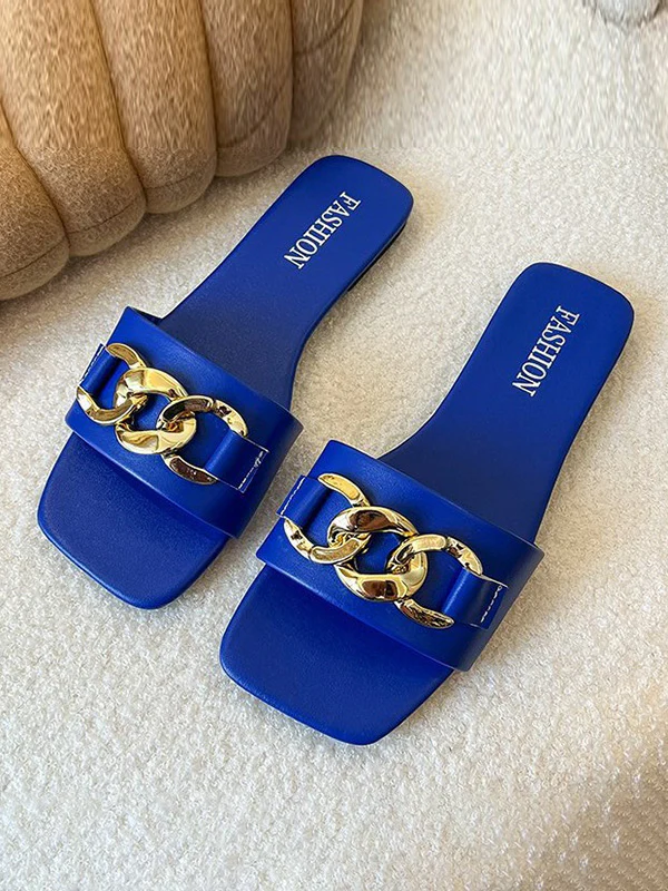 Chains Open Toe Split-Joint Square-Toe Slippers - Image 14