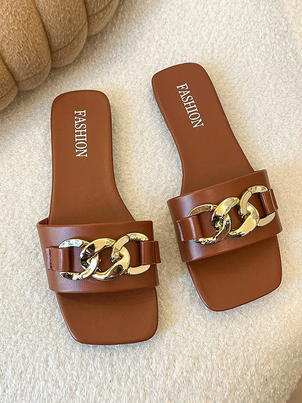 Chains Open Toe Split-Joint Square-Toe Slippers - Image 15