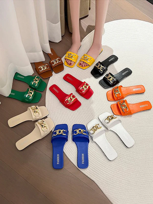 Chains Open Toe Split-Joint Square-Toe Slippers - Image 16