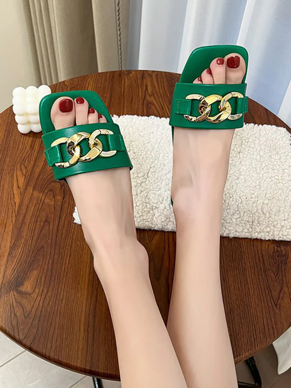 Chains Open Toe Split-Joint Square-Toe Slippers - Image 2