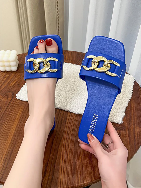 Chains Open Toe Split-Joint Square-Toe Slippers - Image 7