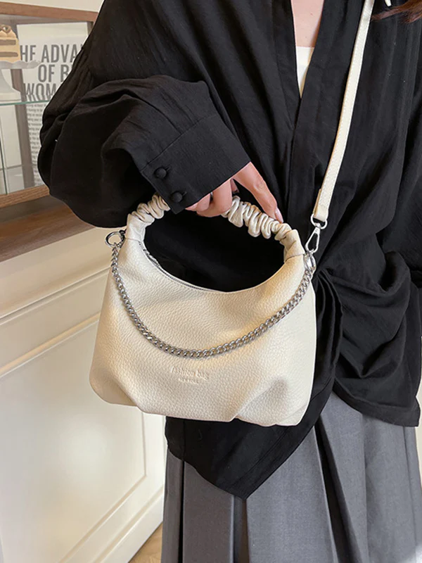 Chains Pleated Solid Color Zipper Crossbody Bags Handbags - Image 10