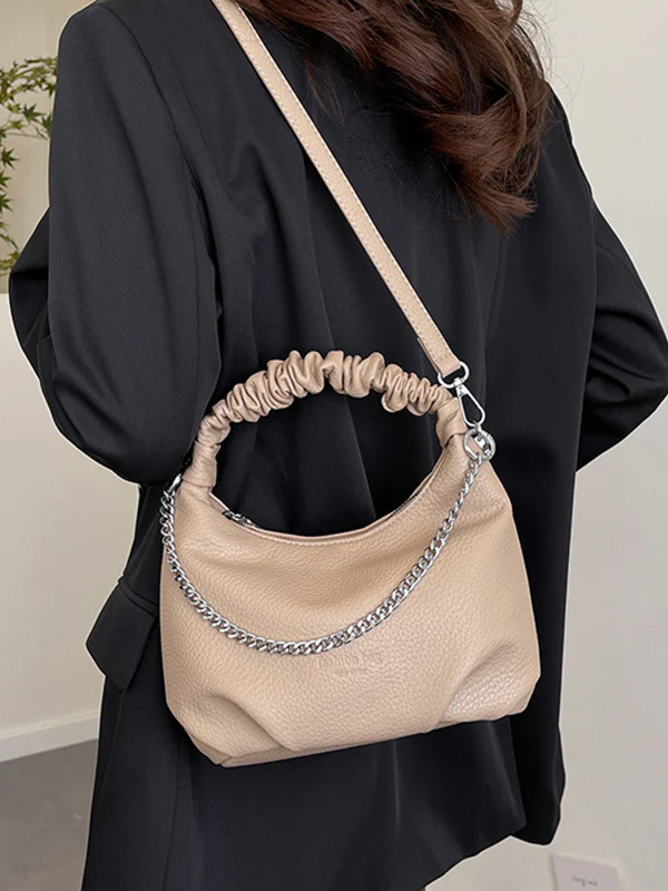 Chains Pleated Solid Color Zipper Crossbody Bags Handbags - Image 11