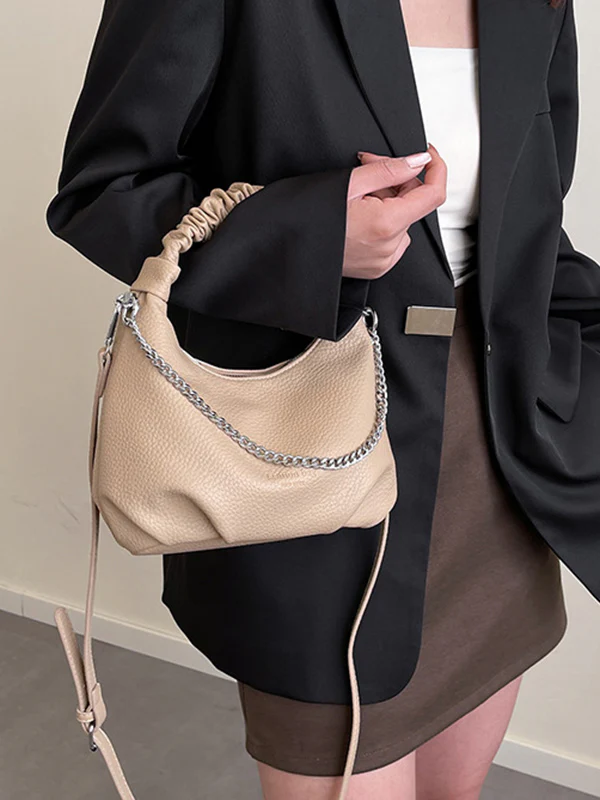 Chains Pleated Solid Color Zipper Crossbody Bags Handbags - Image 12