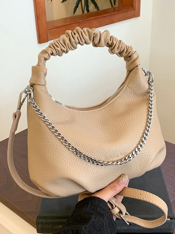 Chains Pleated Solid Color Zipper Crossbody Bags Handbags - Image 14