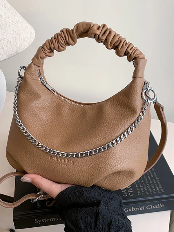 Chains Pleated Solid Color Zipper Crossbody Bags Handbags - Image 18