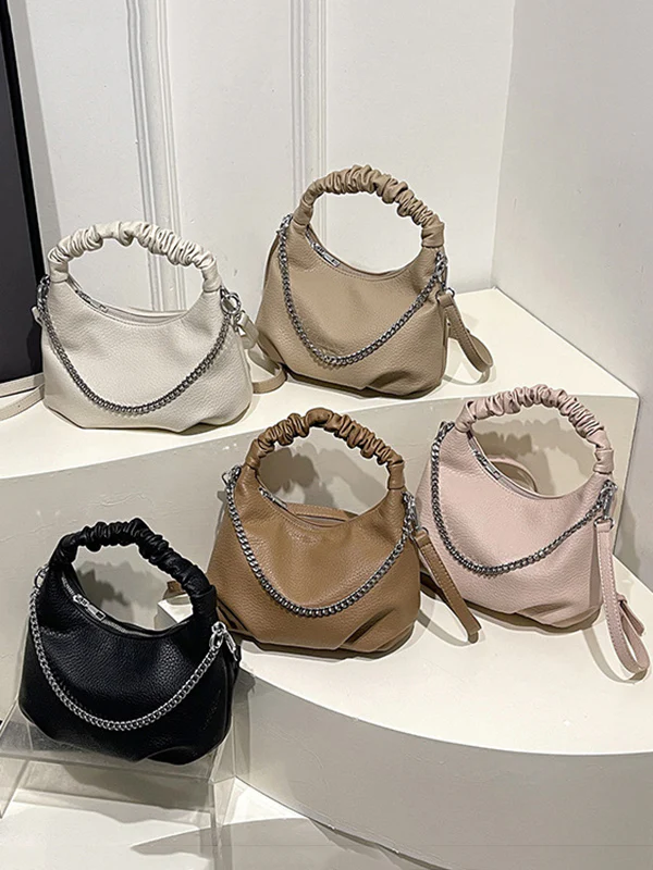 Chains Pleated Solid Color Zipper Crossbody Bags Handbags - Image 24