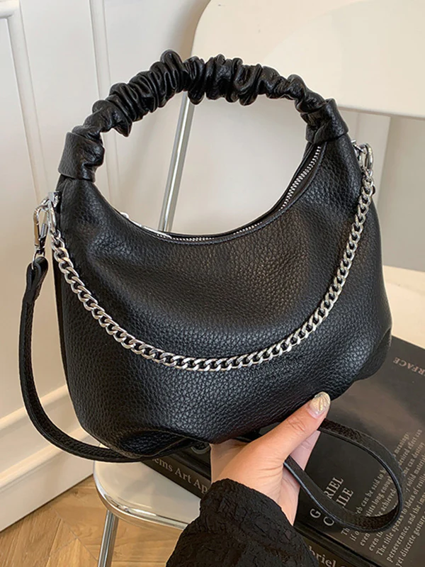 Chains Pleated Solid Color Zipper Crossbody Bags Handbags - Image 3