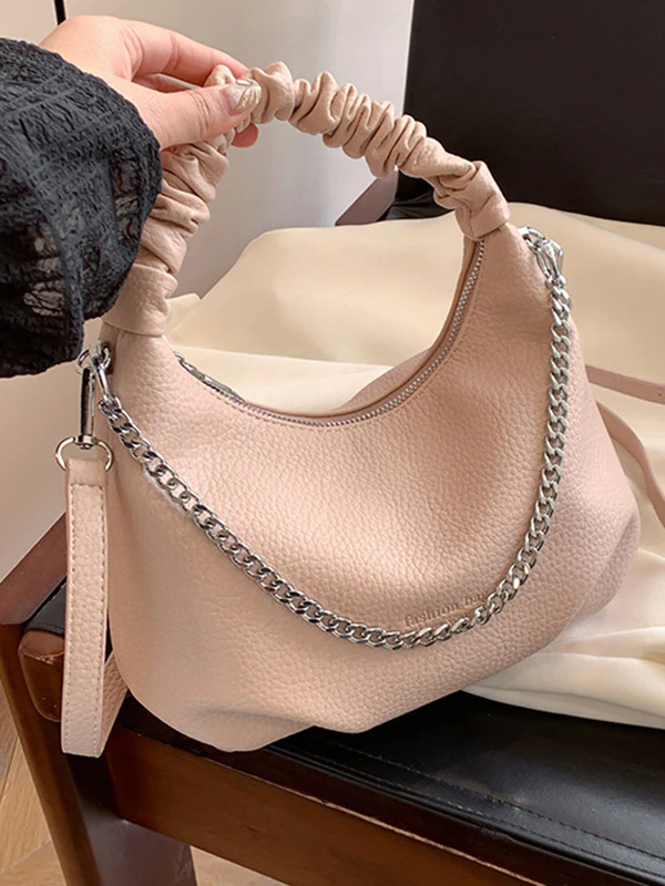 Chains Pleated Solid Color Zipper Crossbody Bags Handbags - Image 4