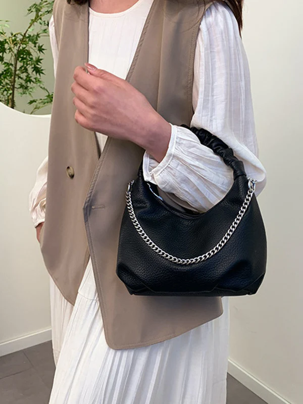 Chains Pleated Solid Color Zipper Crossbody Bags Handbags - Image 6