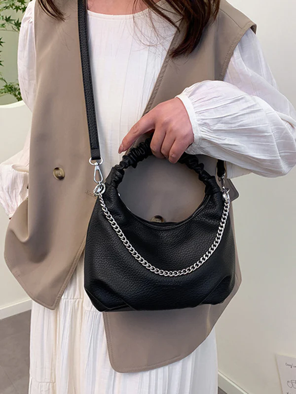Chains Pleated Solid Color Zipper Crossbody Bags Handbags - Image 7