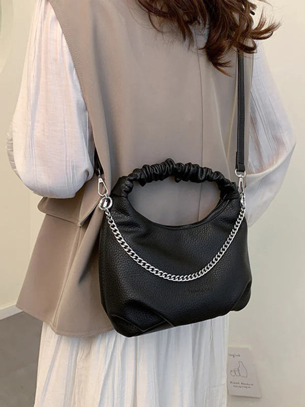 Chains Pleated Solid Color Zipper Crossbody Bags Handbags - Image 8