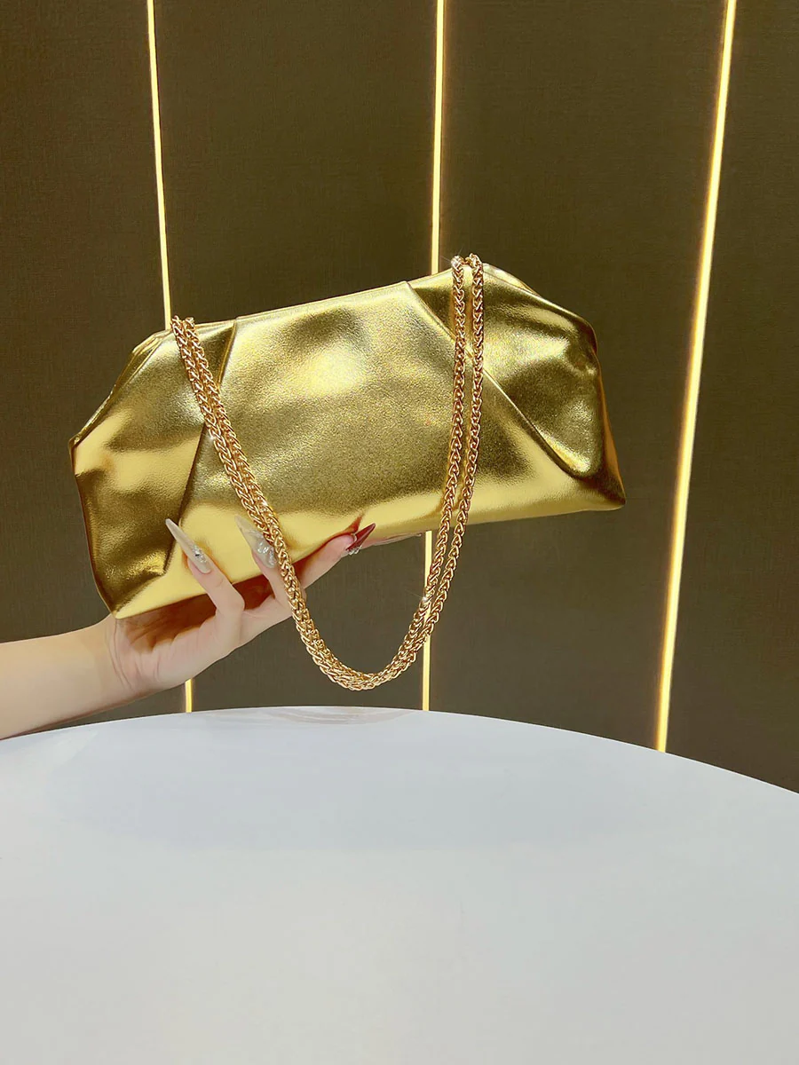 Chains Pleated Solid Color Zipper Evening Bags & Clutches Shoulder Bags