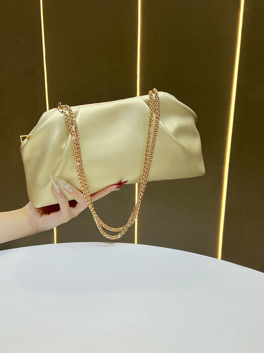 Chains Pleated Solid Color Zipper Evening Bags & Clutches Shoulder Bags - Image 2