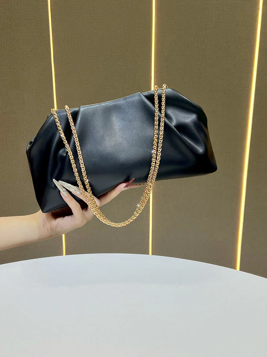 Chains Pleated Solid Color Zipper Evening Bags & Clutches Shoulder Bags - Image 3