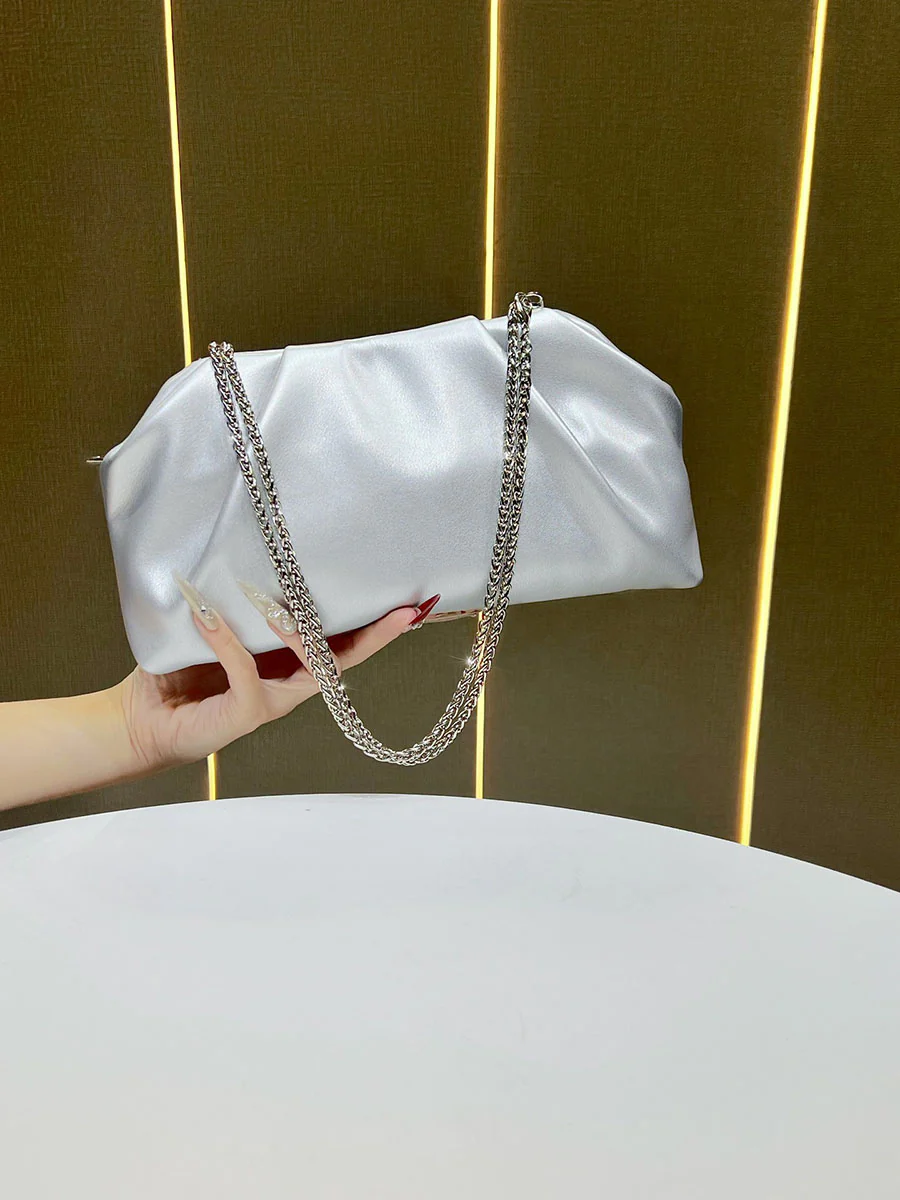 Chains Pleated Solid Color Zipper Evening Bags & Clutches Shoulder Bags - Image 4