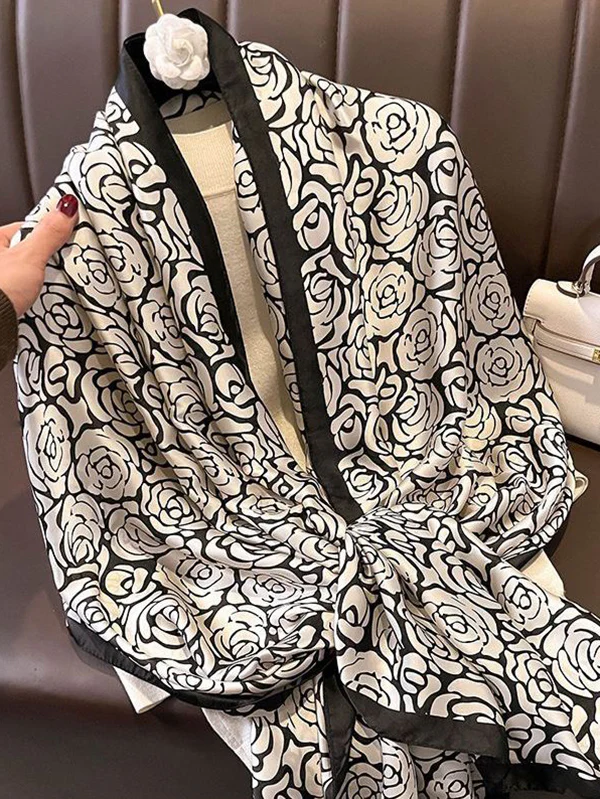 Chic Rose Print Silk Imitation Warm Shawl&Scarf - Image 2