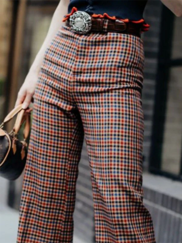 Column Contrast Color Plaid Casual Pants Bottoms Trousers - Image 2