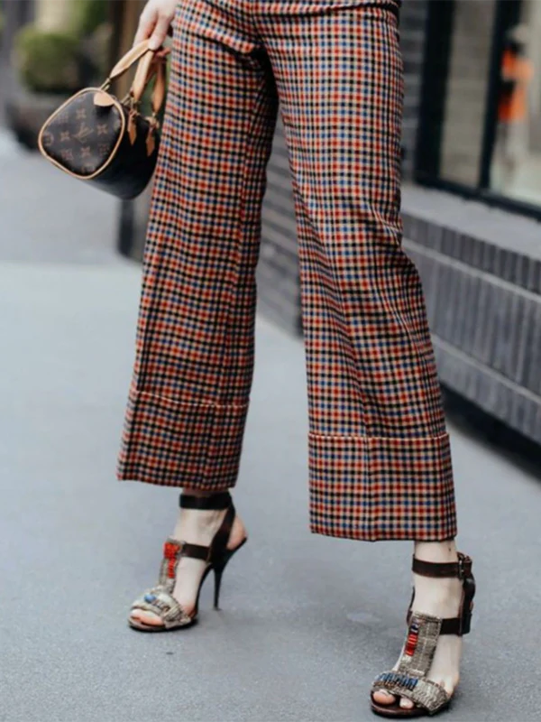 Column Contrast Color Plaid Casual Pants Bottoms Trousers - Image 3