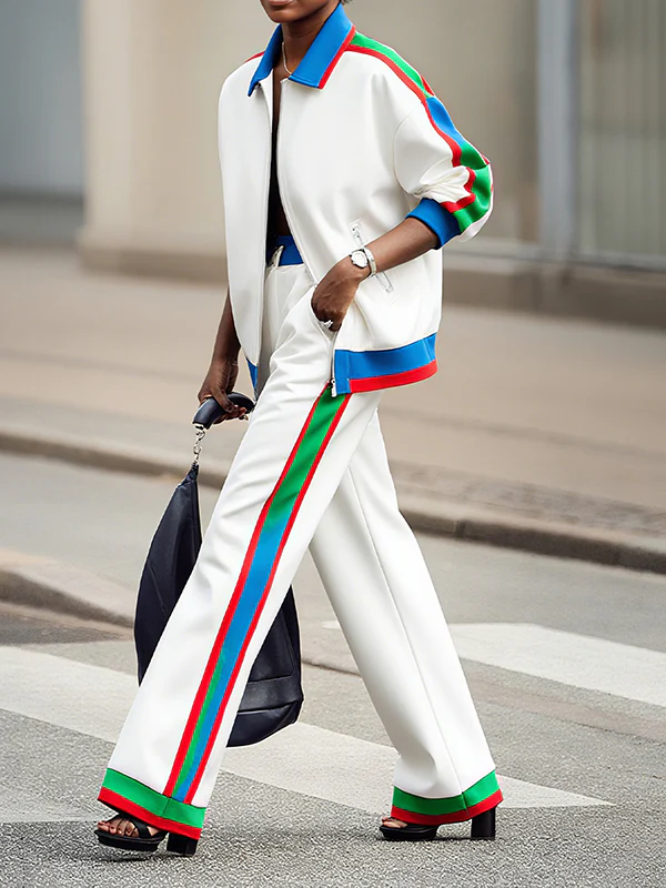 Column Contrast Color Pockets Striped Casual Pants Bottoms Trousers - Image 2